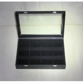 Boîte coffret vitré : 350x240x75mm, noire, 12 cases :